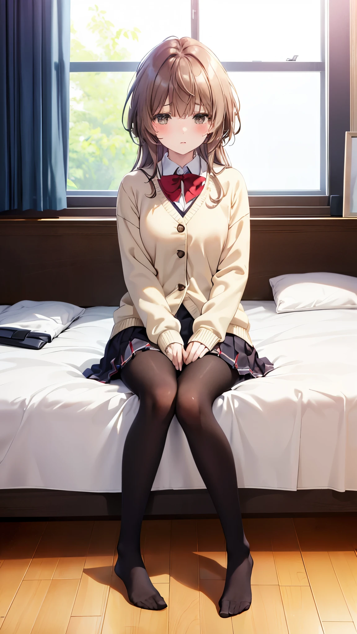 Top quality, masterpiece, High resolution, (Head to toe full body), Blazer uniform, Checkered pleated skirt. Composition from slightly below the front, Symmetric, 18-year-old, Slim and beautiful girl, alone, (Small breasts), (No shoes), Long brown hair, bangs, (Black Pantyhose), (Sit on the floor with your legs open), (Spread-legged pose on bed), (Her legs were spread、White panties are visible.), (Open your mouth with a pained expression), blush, Shy big eyes, Looking at the camera, 