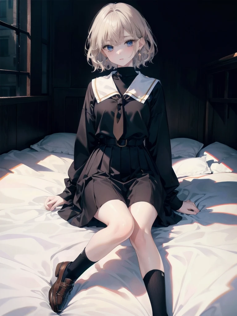 absurdres, RAW photo, extremely delicate and beautiful, masterpiece, Best Quality, ultra high resolution, 32k, hyperrealistic, ultra-detailed, perfect figure, detailed description, pale skin, 20 years old, detailed beautiful face and eyes, tearful mole, earring, short medium hair, wavy hair, full body, navy blue school_uniform, long black socks, brown dress shoes,