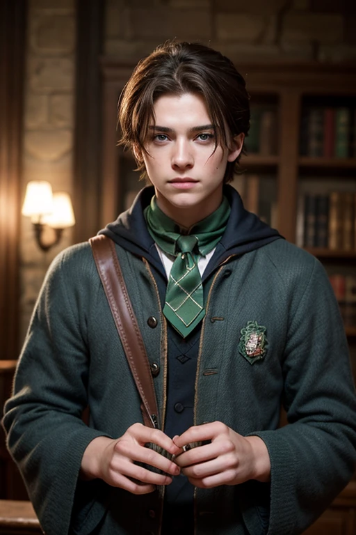 •Name: Xandar Solace •Gender: Male •Appearance: Short yet slightly messy brown hair, sharp dark blue eyes, tall/slim figure, and has a fair complexion. •Hogwarts House: Slytherin •Blood Status: Purblooded wizard of the Solace family. He's also british.