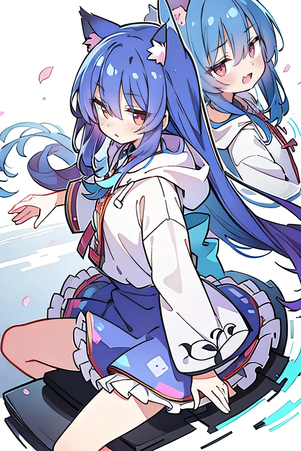 (masterpiece:1.2),Super detailed,lifelike,Expressive eyes,fair skin,perfect face shape,1 girl,
Japanese comics,Gorgeous blue hair,flowing blue hair,flowing clothes,Cat ears,Petals fall,beautiful lola,Baby Angel,sunrise,
Shaking head with one hand,Cross your legs,Gentle and peaceful background,The pavilion is cool and comfortable,smile, wearing hoodie, background of tokyo,back views,snowing, winter.