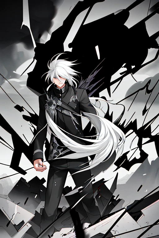 Boy, with long hair, with white hair, black and white, destruction, 4K quality.