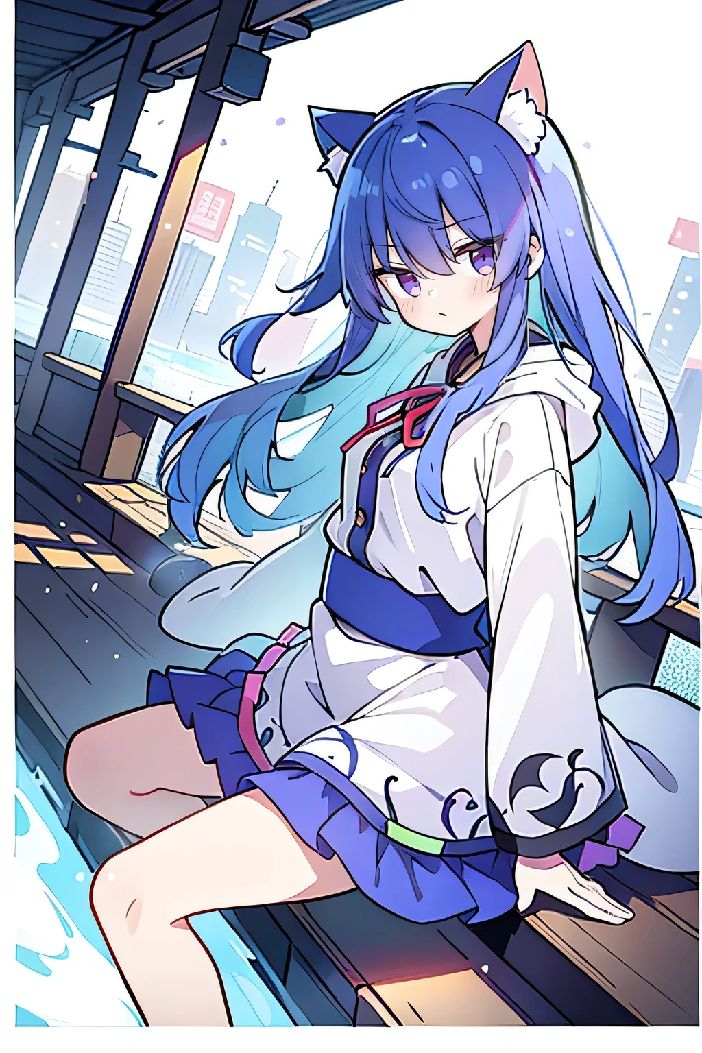(masterpiece:1.2),Super detailed,lifelike,Expressive eyes,fair skin,perfect face shape,1 girl,
Japanese comics,Gorgeous blue hair,flowing blue hair,flowing clothes,Cat ears,Petals fall,beautiful lola,Baby Angel,sunrise,
Shaking head with one hand,Cross your legs,Gentle and peaceful background,The pavilion is cool and comfortable,smile, wearing hoodie, background of tokyo,back views,snowing, winter.
