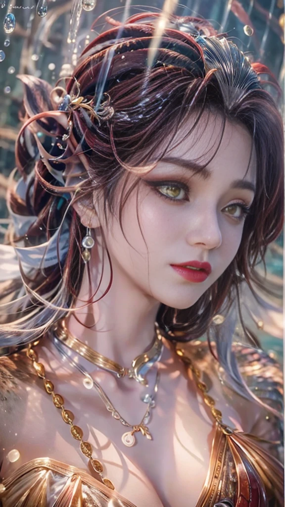 (RAW shooting, 32k:1.5, highest quality, masterpiece, Ultra-high resolution), (Under the sea at night:1.0, moonlight:0.7, Mystical Expressions:1.3, Expressions of sadness:1.0), Fractal Art:1.3, Perfect dynamic composition:1.3, 非常にdetailedな肌と顔の質感:1.3, (Dynamic flow of water waves:1.2, Slim Mermaid:1.1, Mermaid tail), Looking up at the audience, Fair skin:1.1, Incredibly slim body:1.15, Very beautiful face:1.1, Water droplets on the skin, detailed, (Rain drips down on my body:0.9, Wet body:0.9, Wet Hair:0.9), (Posing Pro:0.9, Professional dressing:0.9, Gorgeous pale red shiny mermaid hourglass dress portrait:1.2, Woven Belt), Shapely breasts, (Big eyes that exude beautiful eroticism:0.4, Lips that exude beautiful eroticism:0.4), Totally captivates you, Very sweet atmosphere, necklace, Earrings, bracelet