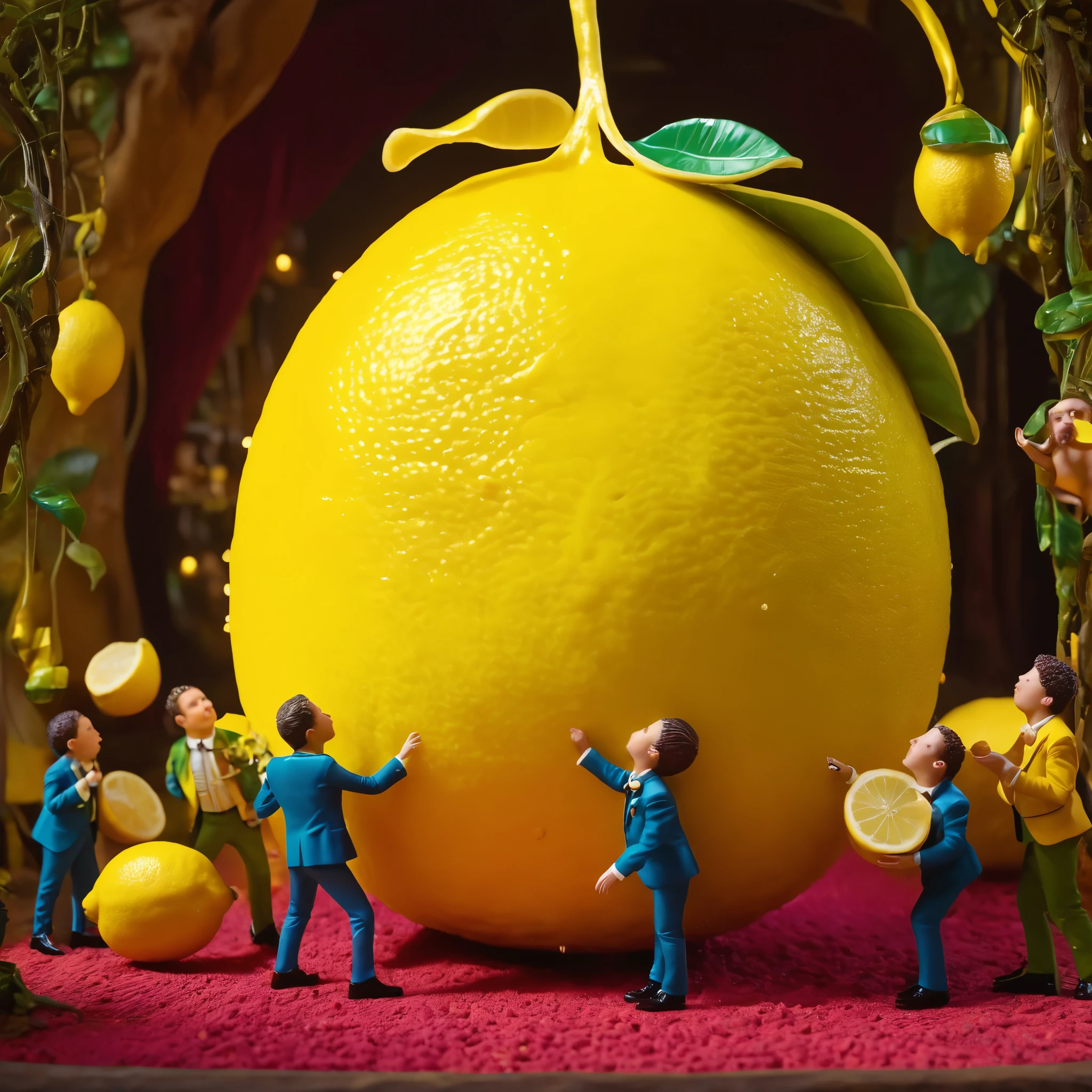 a small group of tiny men, extremely detailed, eating a giant lemon, fantasy, whimsical, colorful, highly detailed, vivid colors, surreal, photorealistic, 4k, hyperrealistic, masterpiece, intricate details, vibrant, sharp focus, magical realism, cinematic lighting, moody lighting, dramatic lighting