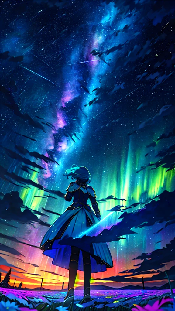 1girl, distant girl, rainbow colored hair, wearing a teal dress armor, staring at the stars, (zoomed out:1.1), (meteor shower:1.2), (comet:1.1), low angle, from behind, aurora borealis, shooting star, surrounded by flowers petals, standing in a field, best quality, masterpiece, cloud, colorful, starry, stars