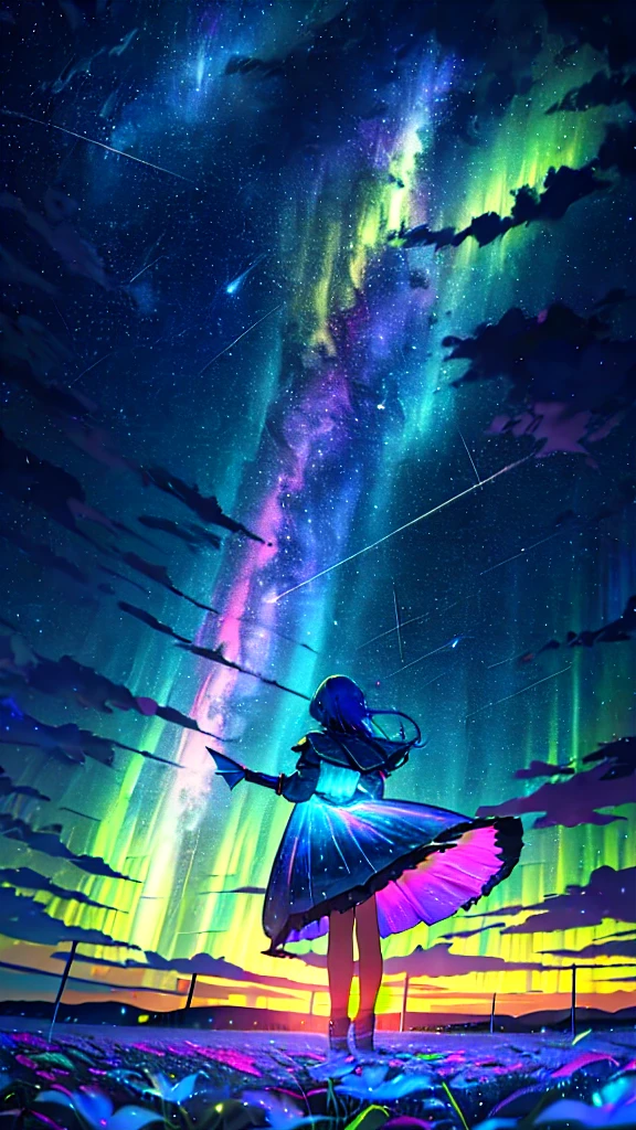 1girl, distant girl, rainbow colored hair, wearing a teal dress armor, staring at the stars, (zoomed out:1.1), (meteor shower:1.2), (comet:1.1), low angle, from behind, aurora borealis, shooting star, surrounded by flowers petals, standing in a field, best quality, masterpiece, cloud, colorful, starry, stars