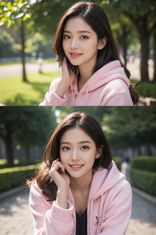highest quality、4K、Perfect Face、Perfect Style、Sunburn、long curly layer hair, beautiful、stylish appeal、Mature、Swept-back hair、beautiful abs, fullbody,gorgeous lady, smile,Pink hoodie, Sitting in the park,evening(From below:1.2), (Realistic:1.2), (Ultra-realistic:1.3), (very detailed:1.1), ((masterpiece)),sexy,detailed