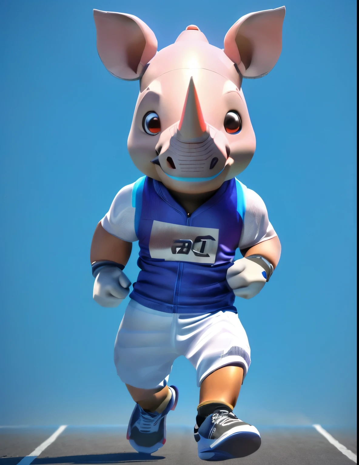 araffe running on a track with a blank sign in his mouth, (((hands in his pockets))) rhino rendered, rhinoceros playing badminton, 3d model of a japanese mascot, cute 3 d render, smooth 3d cg render, rendered in cinema 4 d, rendered in cinema4d, rhinoceros 3d, houdini 3 d render, toonix character, sports mascot, flat blue background