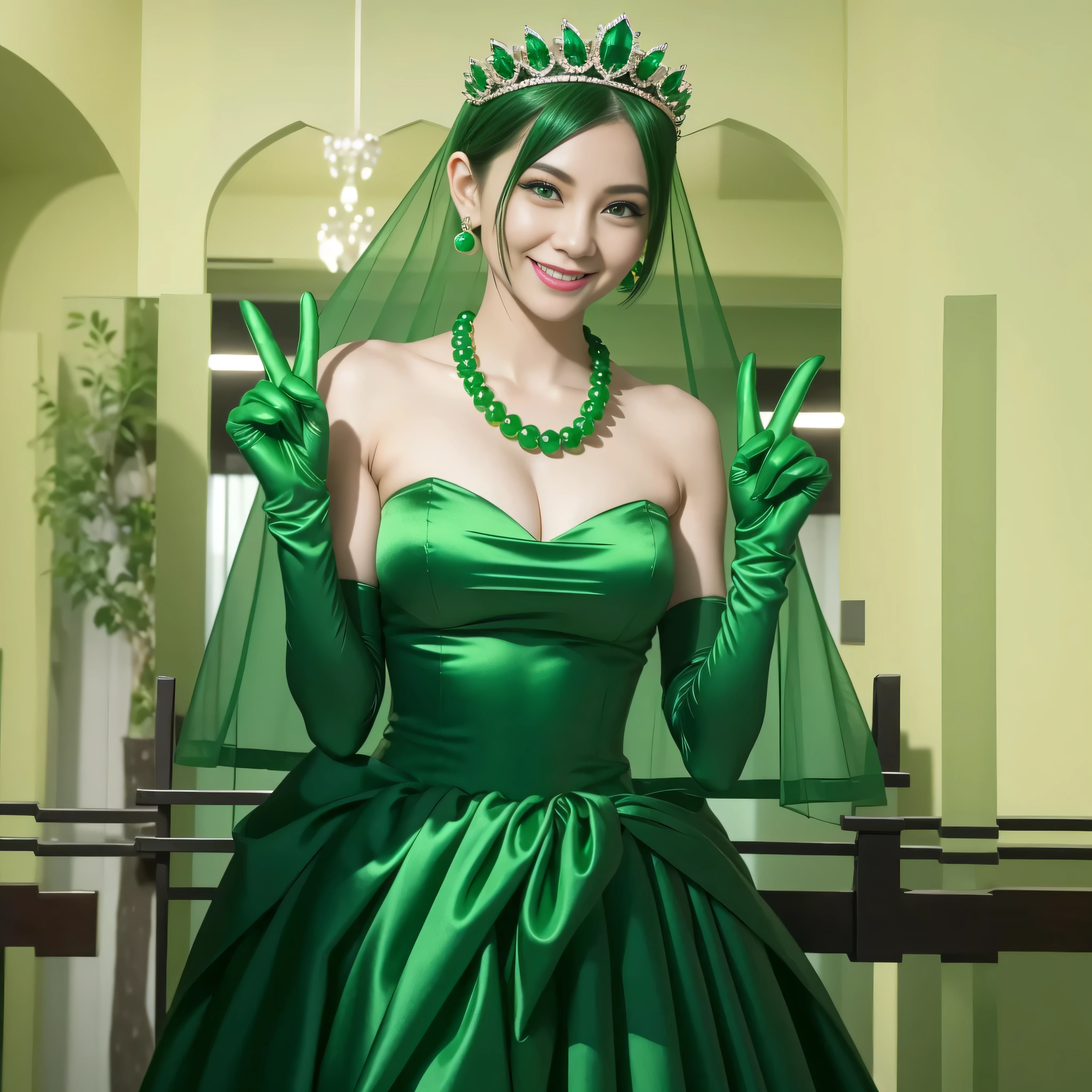 Emerald tiara, Green Pearl Necklace, Boyish very short green hair, lipstick, Smiling Japanese woman, Very short hair, Big and beautiful, Green Eyes, Long green satin gloves, Green Eyes, V sign, Emerald Earrings, Green veil
