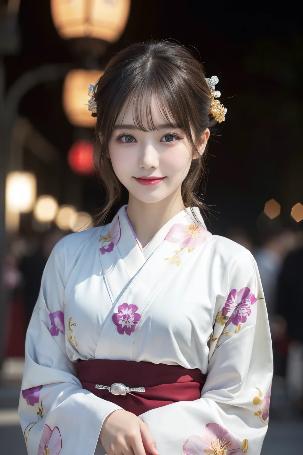 (kimono)、masterpiece、beautiful girl、Beautiful detailed eyes、highest quality, 超A high resolution, (reality: 1.4), Cinema Lighting、(Japanese Girls)、so beautiful、Beautiful Skin、(Looking at the audience)、(Surreal)、(High resolution)、(8k)、(Very detailed)、(Beautiful fine details)、(Very detailed)、 (wallpaper)、Detailed face、Bright lighting、Professional Lighting、Smile