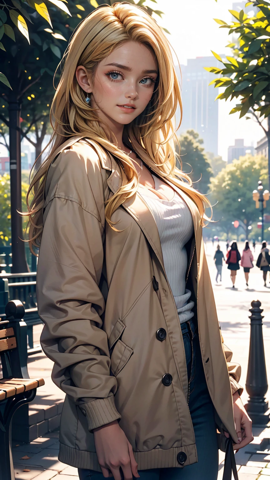 masterpiece, highest quality, One girl, beautiful, Are you okay, delicate, Very complicated, detailed, Blonde Hair, Jacket, blue eyes, ((masterpiece)), extremely detailed, highest quality, High resolution, ((at the park)), Bridget, smile,  