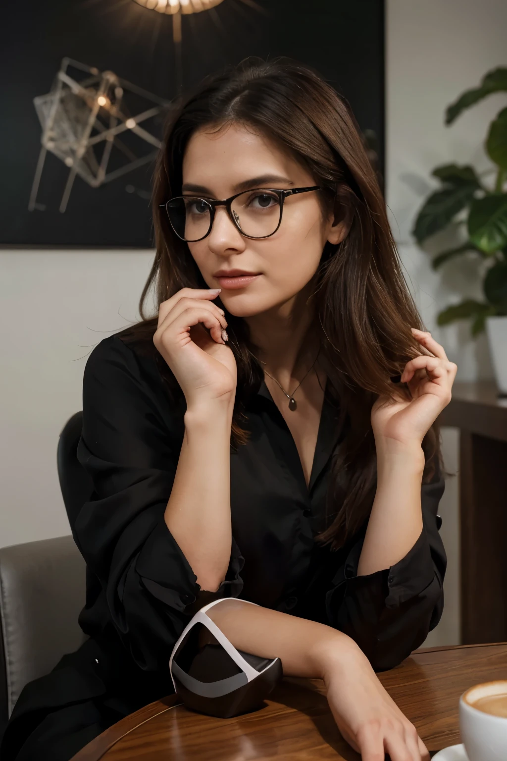 Ultra-realistic 3D image of a woman with glasses sitting at a table with a cup of coffee, she wears a black blouse and gray suit, by Nandor Katona, looks like fabiula natal, Profile photo, profile image, malika favre, Laure Lipton, Caroline Gariba, magnetic years, Magalie Villeneuve, fernanda suarez, icaro carvalho