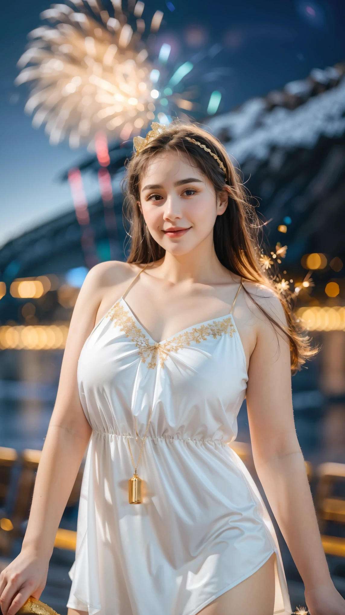 Adorable , Gorgeous , Beautiful , Russian Baby Face , Large Colossal Chest , 20 Years Old , White Skin , Slip Dress , Top of The Mountain Background , Wind , Tighten Breast , ((Bokeh:1.1)) , Grey Eye , ((White-Gold Coloured)) , ((Firework:1.1)) , ((Night:1.3)) , Standing Pose , HDR , Ultra Detailed , EF 24-70mm f/2.8L II USM , Look at Viewers