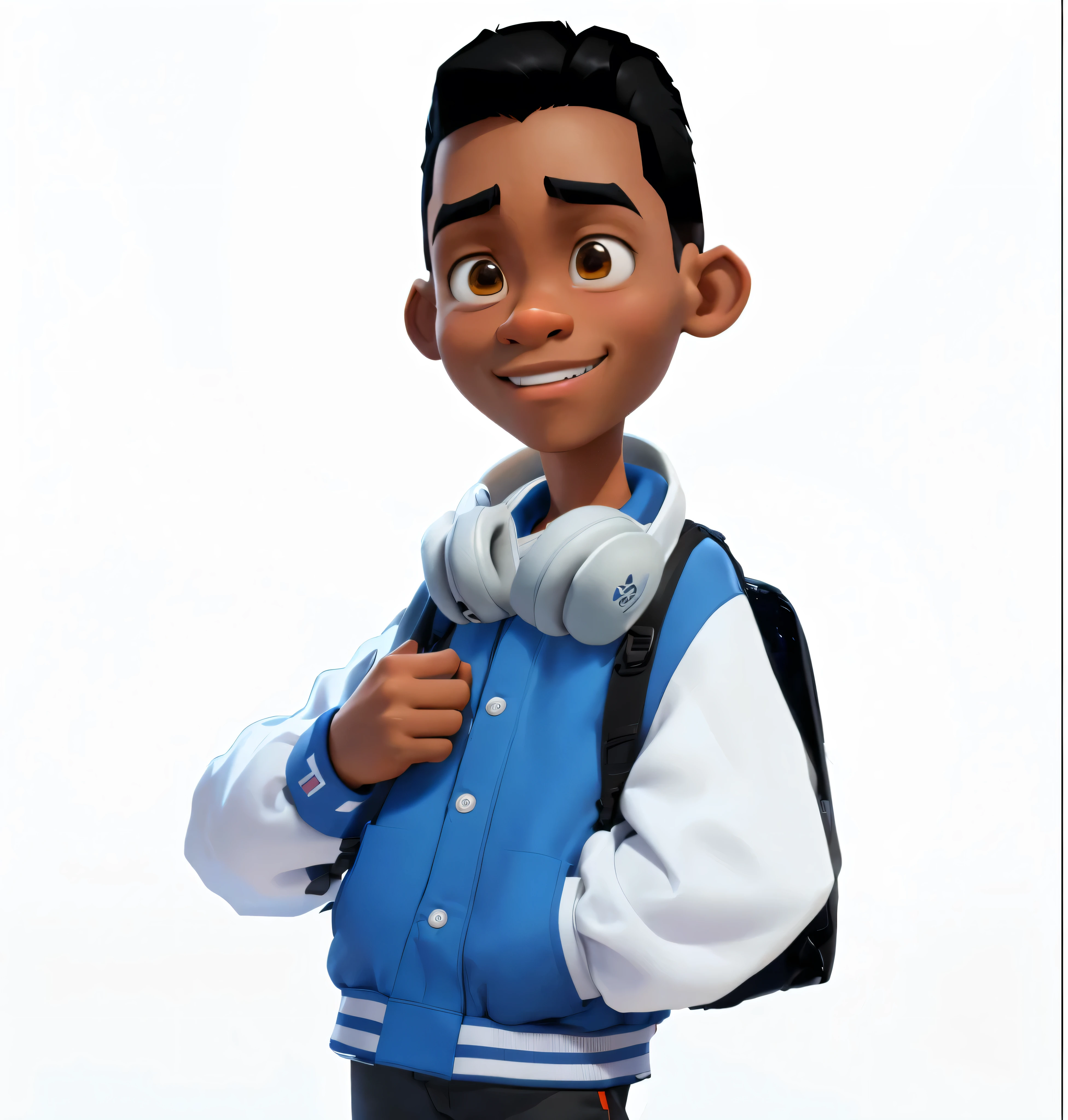 Cartoon boy with backpack and knapsack standing in front of white background, Arnold Maya Rendering, Tyler Mitchell Style, Maxwell rendering, Cartoon Characters, Animated Characters, very detailed character, Cartoon Rendering Keyshot, Promotional Rendering, Official Character Art, Will Smith Disney Infinity, Arnold rendering, High detail cartoon, Display Rendering, 在Arnold rendering, arnold 3d render
