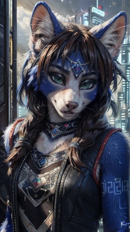 A beautiful and detailed (sweet portrait) von ((Krystal)), Sternenfuchs Krystal, Schlank, liebenswert, Green eyes, Small breasts, bequeme Kleidung, Dekollete, Grinsen, hoch schauen, cyberpunk, Hochgeladen E621, detailed flauschige fur, (von Fluff-Kevlar, Bayard Wu, personalami, Pino Daeni), detailliertes Gesicht, (flauschige), 1girl, Allein, kein Wasserzeichen