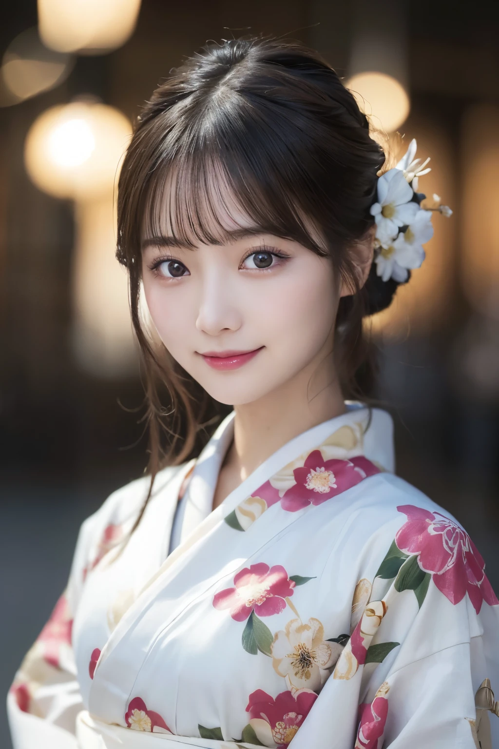 (kimono)、masterpiece、beautiful girl、Beautiful detailed eyes、highest quality, 超A high resolution, (reality: 1.4), Cinema Lighting、(Japanese Girls)、so beautiful、Beautiful Skin、(Looking at the audience)、(Surreal)、(High resolution)、(8k)、(Very detailed)、(Beautiful fine details)、(Very detailed)、 (wallpaper)、Detailed face、Bright lighting、Professional Lighting、Smile