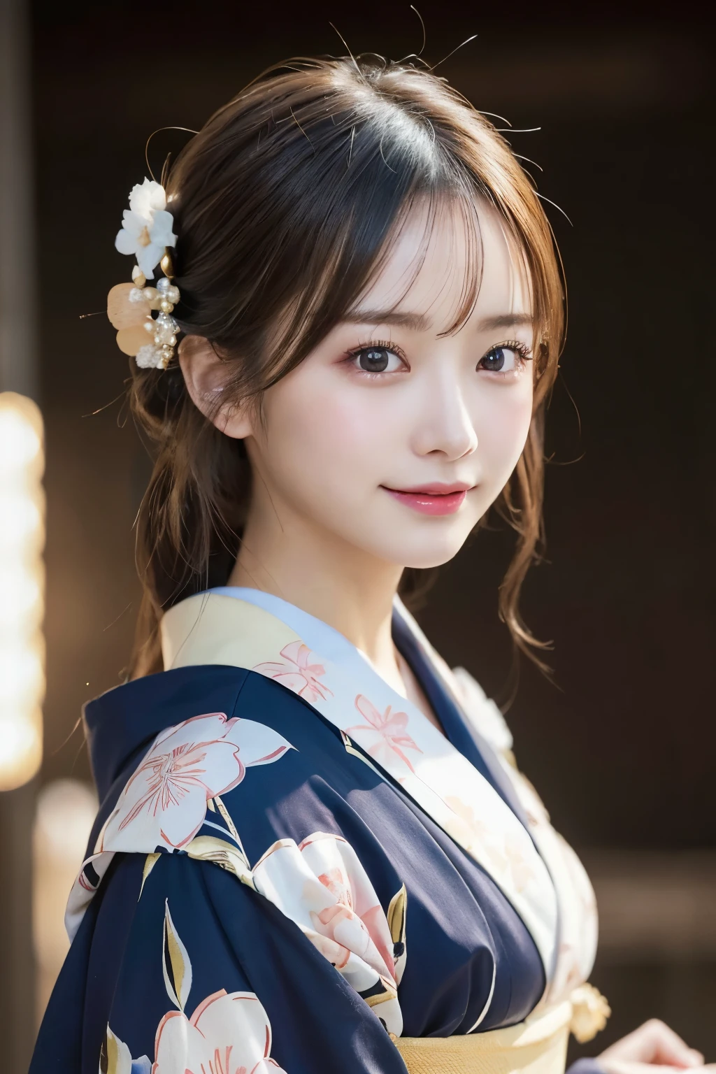 （kimono）、masterpiece、beautiful girl、Beautiful detailed eyes、highest quality, 超A high resolution, (reality: 1.4), Cinema Lighting、(Japanese Girls)、so beautiful、Beautiful Skin、(Looking at the audience)、(Surreal)、(High resolution)、(8k)、(Very detailed)、(Beautiful fine details)、(Very detailed)、 (wallpaper)、Detailed face、Bright lighting、Professional Lighting、Smile