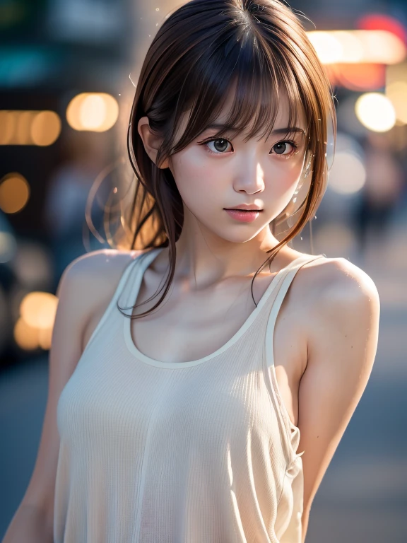 1 Japanese girl,(Tank top:1.4), (RAW Photos, highest quality), (Realistic, Photorealistic:1.4), Tabletop, Very delicate and beautiful, Very detailed, 8k wallpaper, wonderful, In detail, Very detailedなCG Unity, High resolution, Soft Light, Beautiful and detailed 22 year old girl, Very detailedな目と顔, Beautifully detailed nose, Beautiful fine details,Cinema Lighting,Summer night city lights,Perfect Anatomy,Slender body,  (Hair fluttering in the wind, Asymmetrical bangs, Light brown hair,)