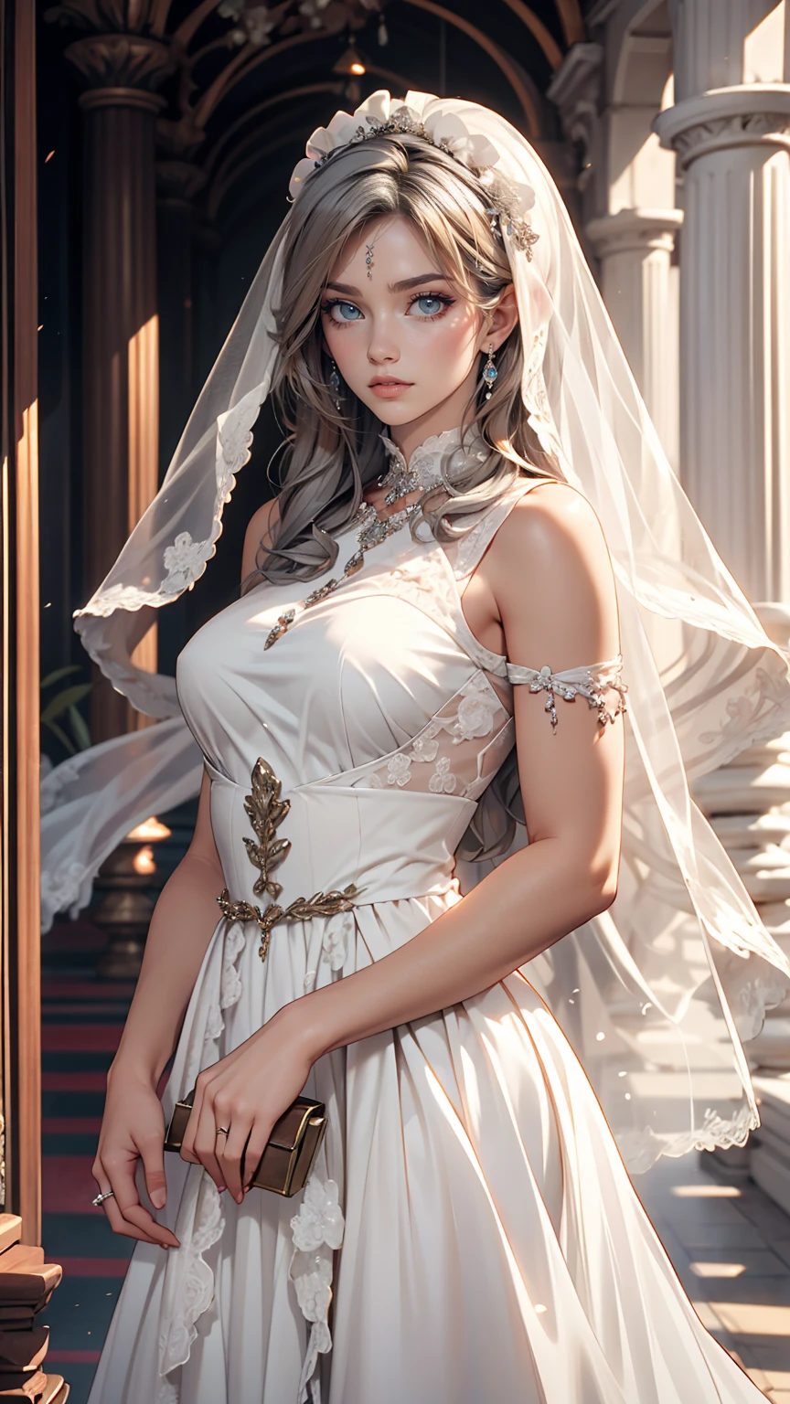 Veil on head, Grey Veil, Gray Hair, Grey White, Gubes's art style, Arrogant and indifferent girl, Half-squinted, White eyes玉, White eyes, National style, Off-white