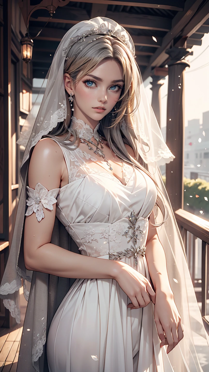 Veil on head, Grey Veil, Gray Hair, Grey White, Gubes&#39;s art style, Arrogant and indifferent girl, Half-squinted, White eyes玉, White eyes, National style, Off-white