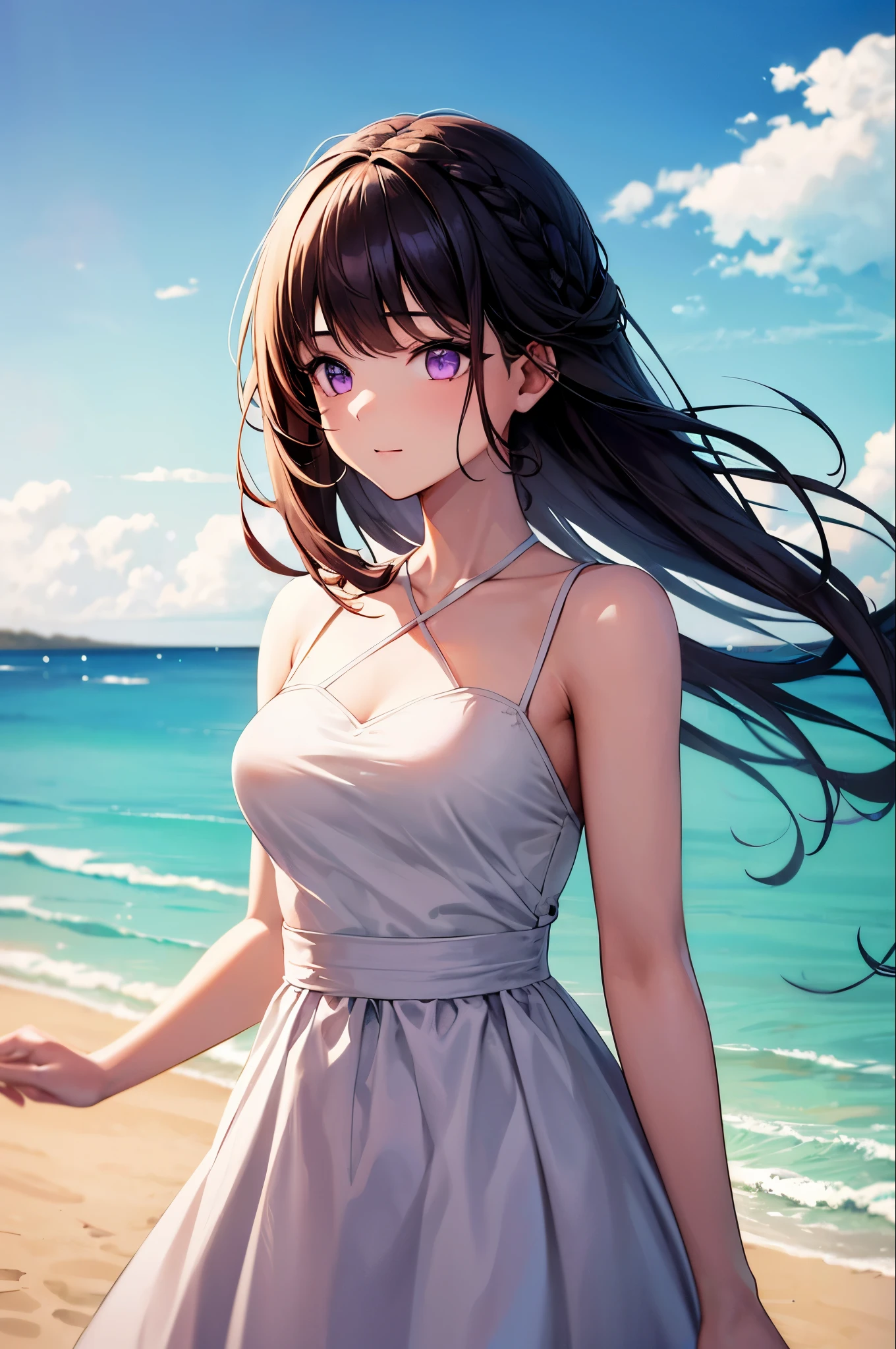 One girl,High resolution, high quality, masterpiece, mxmk white dress, Bare shoulders, Purple eyes, White Dress, Braiding, impact, Beach