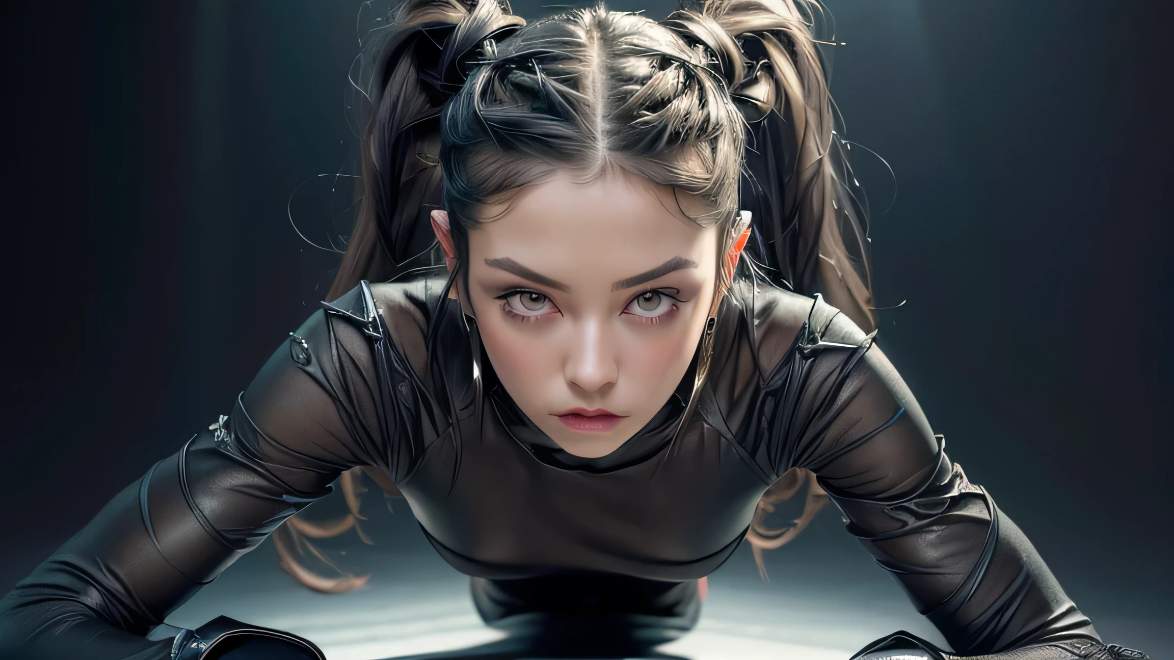full body, 1girl, slender, lean with defined muscles, 21years, wearing fancy latex clothes, pale white skin, silver hair, braided ponytail, (perfect ears), hair behind ear, long hair, very long hair, undercut, mismatched sclera, half-closed eyes, glaring, longeyelashes, solid circle eyes, amber eyes, pointy ears, evil smile, seductive smile, Gothic art, Realism, Op art, Cubist Futurism, optical illusion, backlighting, cinematic lighting, depth of field, gray flat solid background, front view, first-person view, Eye-Level Shot, f/1.8, 135mm, Fujifilm, Sony FE GM, masterpiece, anatomically correct, super detail, textured skin, UHD, studio photo.