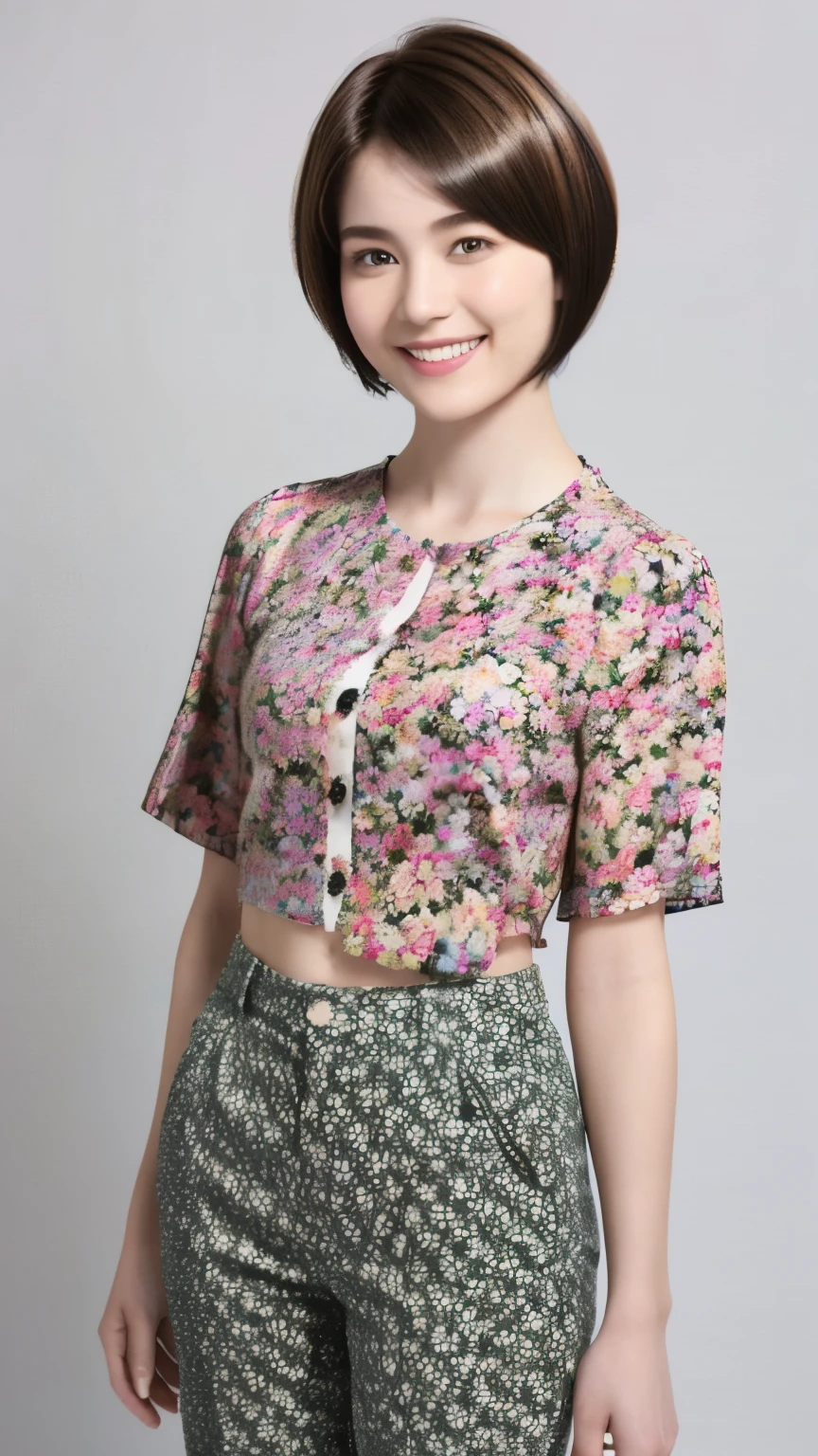 230 (18-year-old female,Floral clothes), ((short hair:1.46)), (Pants Style), (A kind smile)