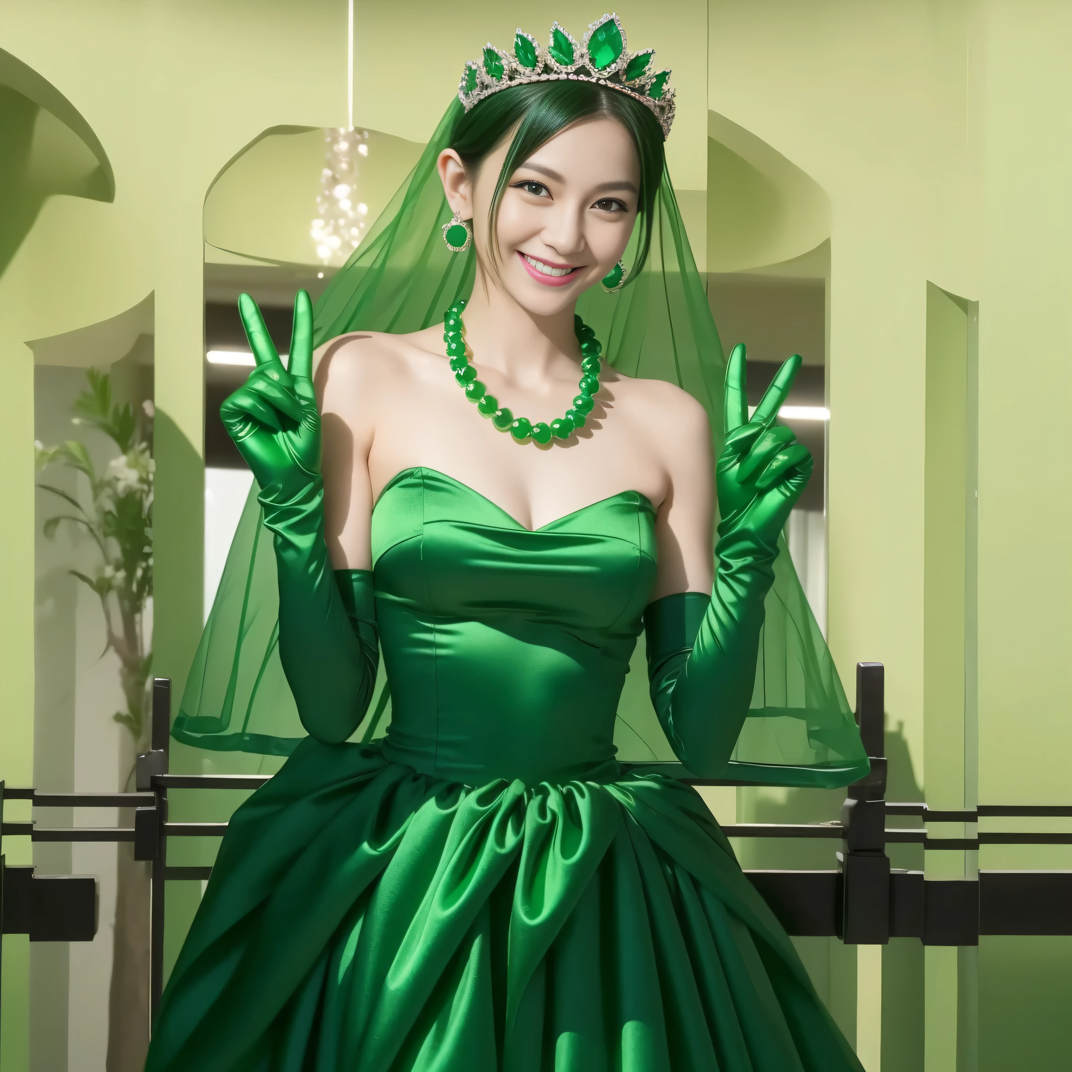 Emerald tiara, Green Pearl Necklace, Boyish very short green hair, lipstick, Smiling Japan woman in her 30s, Very short hair, Big and beautiful, Green Eyes, Long green satin gloves, Big Breasts, V sign, Emerald Earrings, Green veil