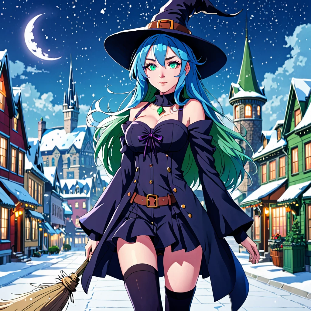 best quality,ultra high res, lovely witch,solo,full body,snow,city, blue hair,green eyes,jk
