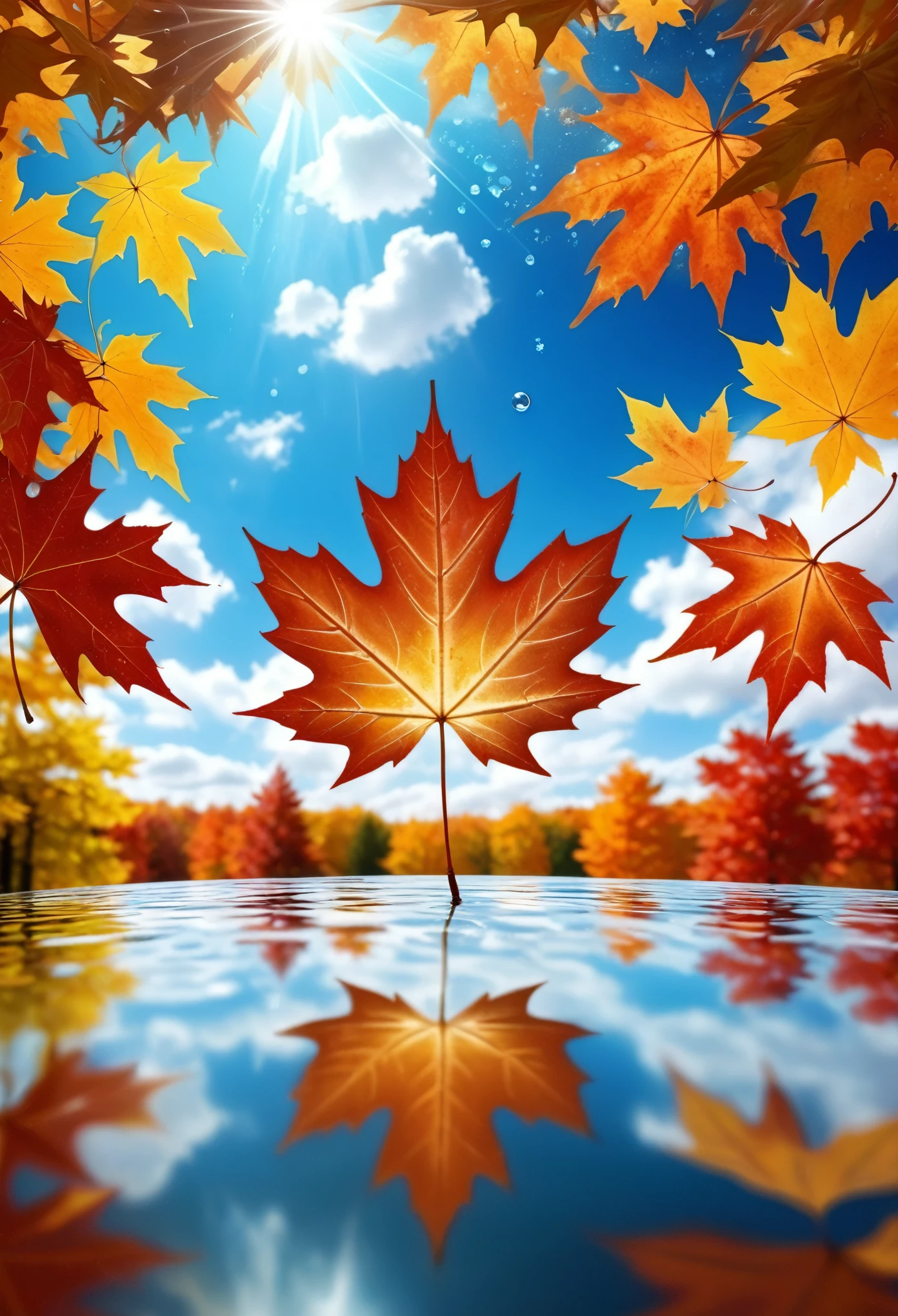 wallpaper, Stand in the fall, Maple Leaf, Trees, Sky, White Cloud, HD details, Wet watermark, Ultra Detail, , Surrealism, Soft Light, Deep field focus bokeh, Ray tracing, diffusion (Ultra-fine glass reflection) and Surrealism. 