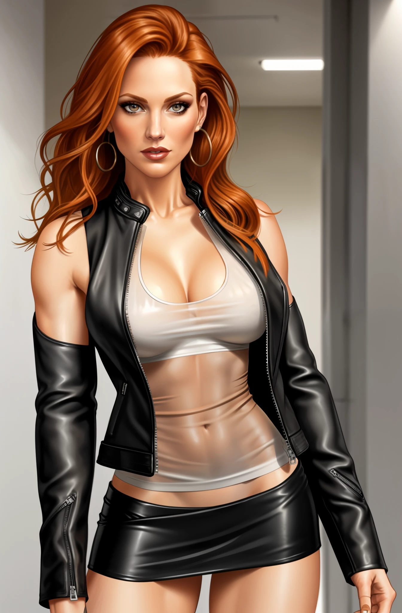 Jennifer Korbin, ginger hair, biker girl, cleavage, microskirt, leather jacket, thin white tank top, see-through tank top, 