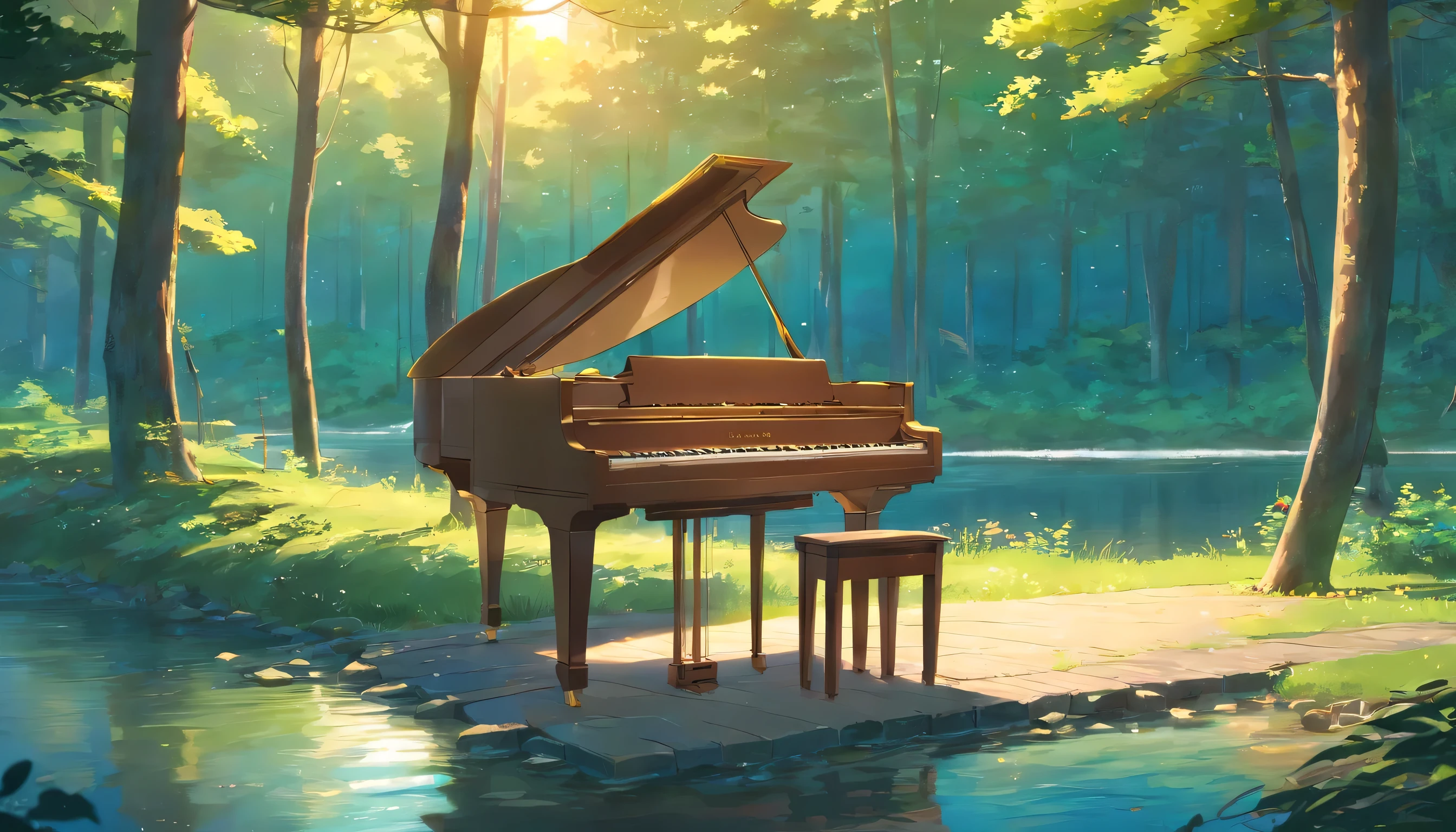 A piano in the middle of the woods near a river、A grand piano illuminated by the full moon