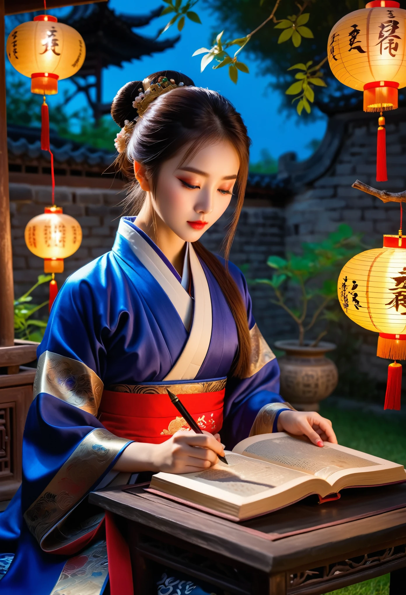 In the photo,A beautiful girl in traditional Chinese clothes on a low table in the garden,Reading ancient Chinese books under the light,surrounded by old walls,Peaceful nights,((She holds a pen in her right hand,Left hand on the table)),((masterpiece)),Practical,4k,Very detailed,((beautiful big eyes))