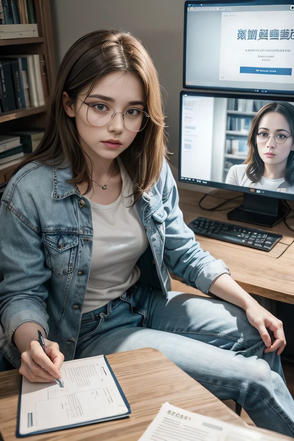 Brown hair and glasses、Young gymnast in jeans, White T-shirt and denim jacket on left, Computer on the computer screen, Various code-realistic movies in the matrix style