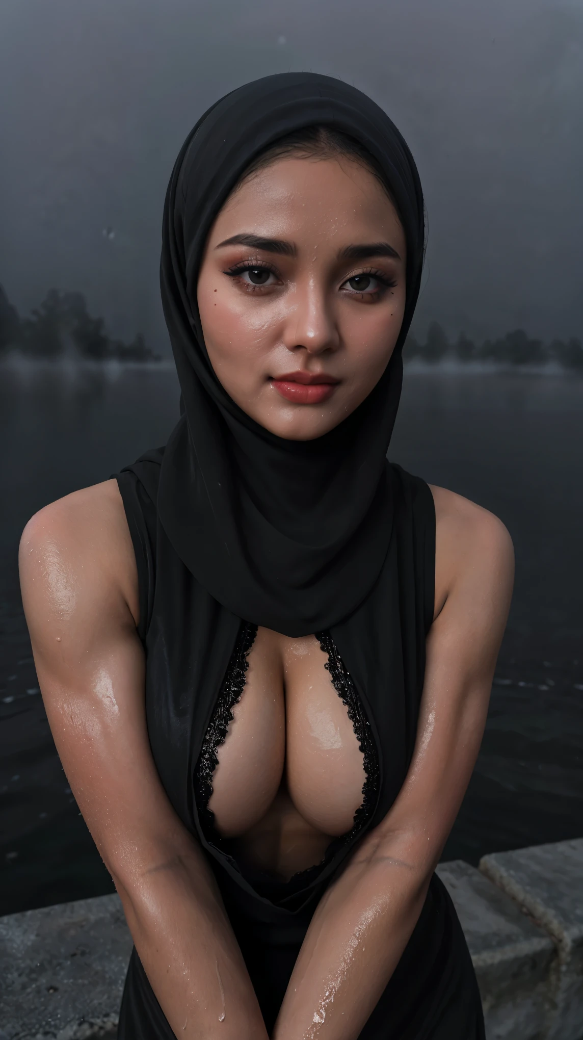 Beautiful  , 18 Years Old Woman , Wearing Black Hijab Muslim Dress , Black Retina , Large Colossal Breast , ((Sleeveless)) , Lace , Embroidery , Glow Makeup , ((Muscles:1.3)) , Whiten Skin , Sexy Look , Dramatic Photography , Dark Coloured , 8K , High-Res , River Outdoor , ((Foggy:1.3)) , ((Black Nailart)) , ((Rain:1.1)) , ((Wet:1.1))