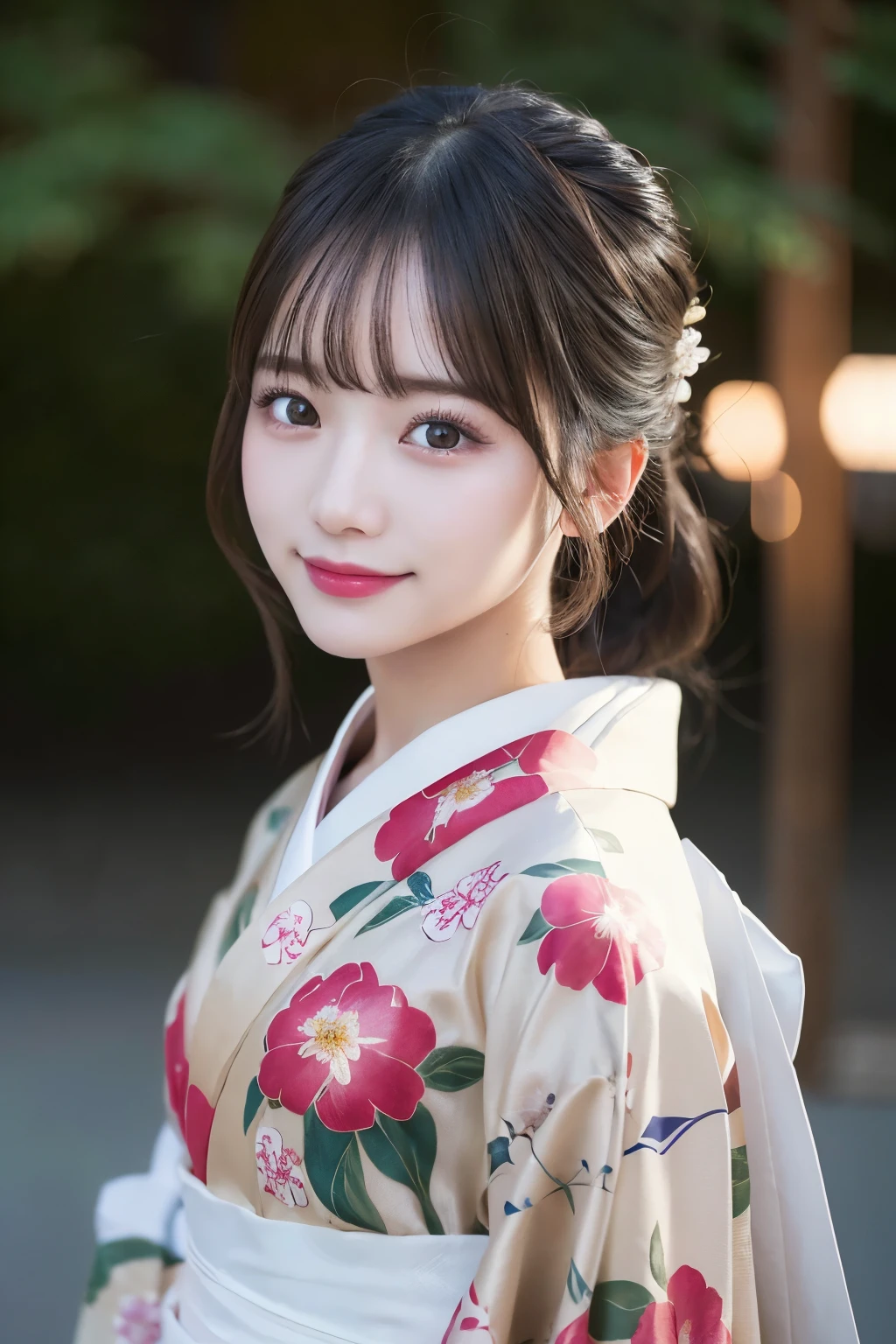 （kimono）、masterpiece、beautiful girl、Beautiful detailed eyes、highest quality, 超A high resolution, (reality: 1.4), Cinema Lighting、(Japanese Girls)、so beautiful、Beautiful Skin、(Looking at the audience)、(Surreal)、(High resolution)、(8k)、(Very detailed)、(Beautiful fine details)、(Very detailed)、 (wallpaper)、Detailed face、Bright lighting、Professional Lighting、Smile