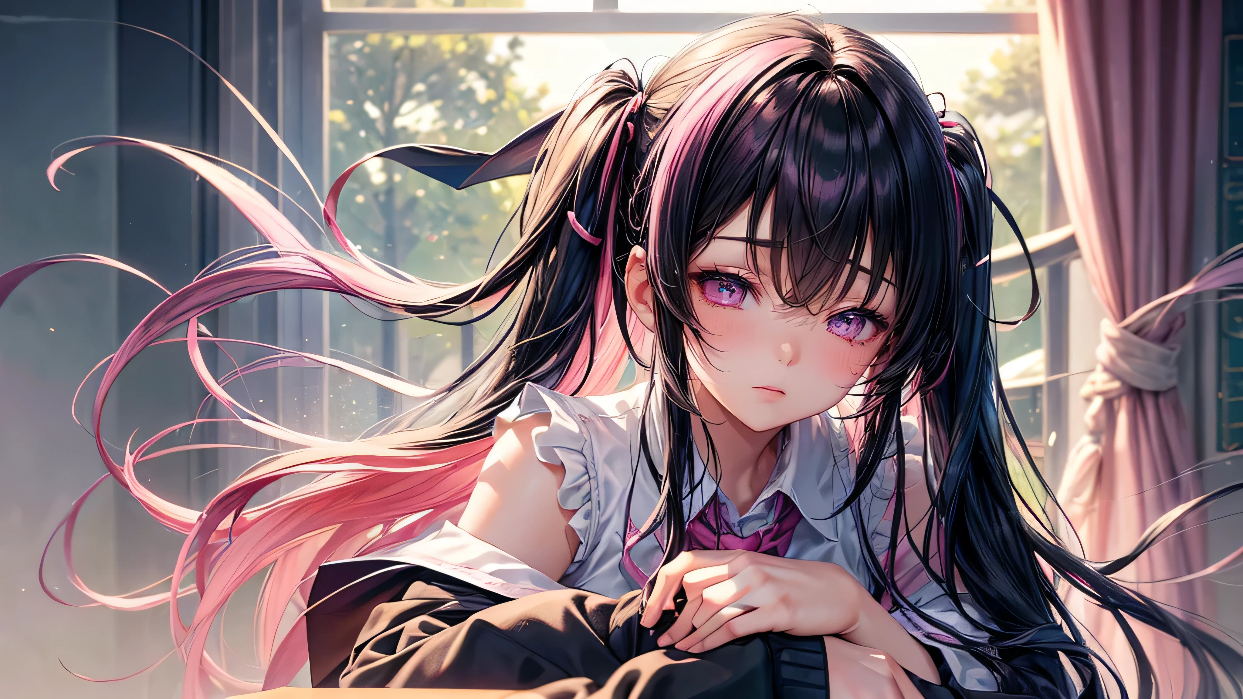 (((１People Girls)))、(((Close ~ eyes)))、Light、smoke、Cinematic Light、miku hatsune , Black Hair、Pink light eyes、Light and clear eyes、Beautiful Eyes、(((The tips of the hair are（Pink）Gradient of)))、 Cinema Lighting, Surrealism, Ultra-high resolution, Accurate, Very detailed, Textured skin, High detail, highest quality, 8k,Thin bangs, Detailed Hair,Focus on the face,(((School))), classroom,Tie Uniform, No sleeve,　Cute clothes,　Black Hair、Simple hair accessories、close her eyes
