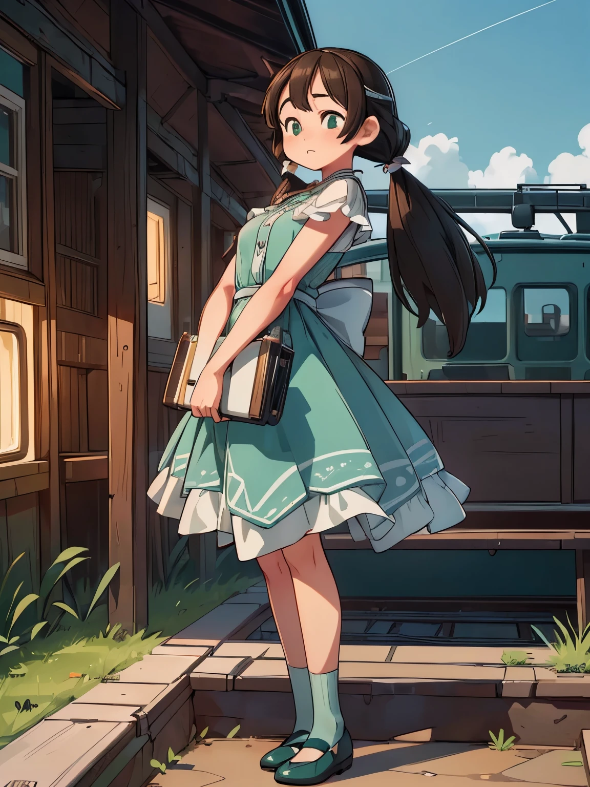 (masterpiece、最high quality、最high quality、Official Art、Beautiful and beautiful:1.2)、(One girl:1.3)Hatsune Miku、Twin tails,Big Breasts,Full body portrait, Beautiful 23 year old woman, Are standing (((Outdoor))) On a 19th century station platform, huge black steam locomotive, locomotive blowing out steam, Behind her is a 1910 railroad building., She has long brunette hair, Green Eyes, Innocent, Carp formula, ((Open your eyes)), (((wearing an art deco dress))), ((trap pump shoes)), Silk stockings, Award-winning, stunning photography,((最high quality)), (((masterpiece)), ((Realistic lighting, Ultra-high resolution.Realistic:.1.4, (high detailed skin:1.2), 8K Ultra HD, Digital SLR, high quality, Film Grain, Fujifilm XT3,(masterpiece) (最high quality) (detailed) (Cinema Lighting) (Sharp focus) (complicated)