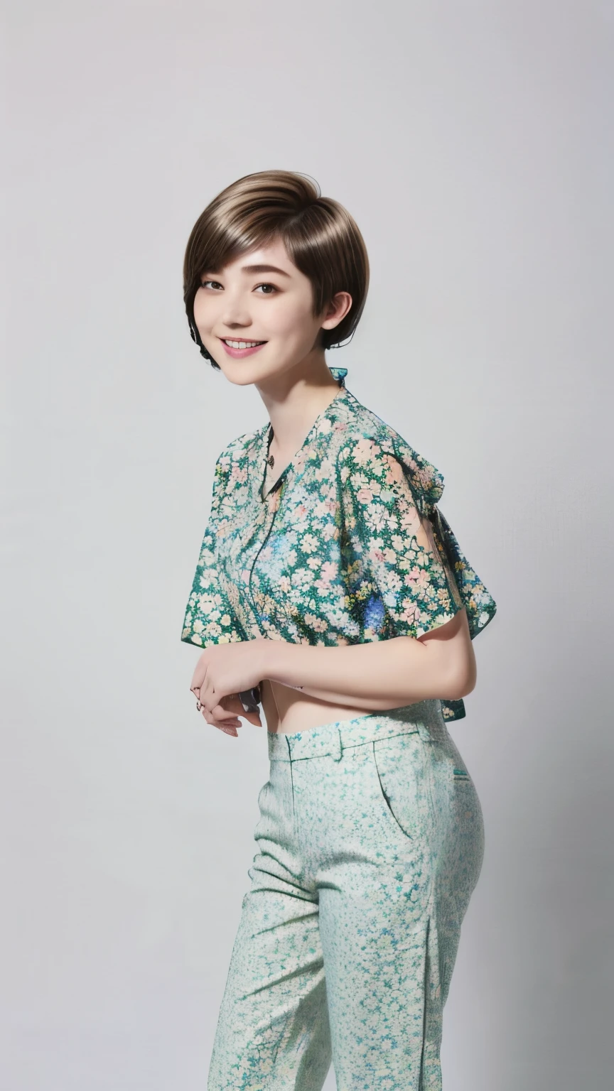 230 (18-year-old female,Floral clothes), ((short hair:1.46)), (Pants Style), (A kind smile)