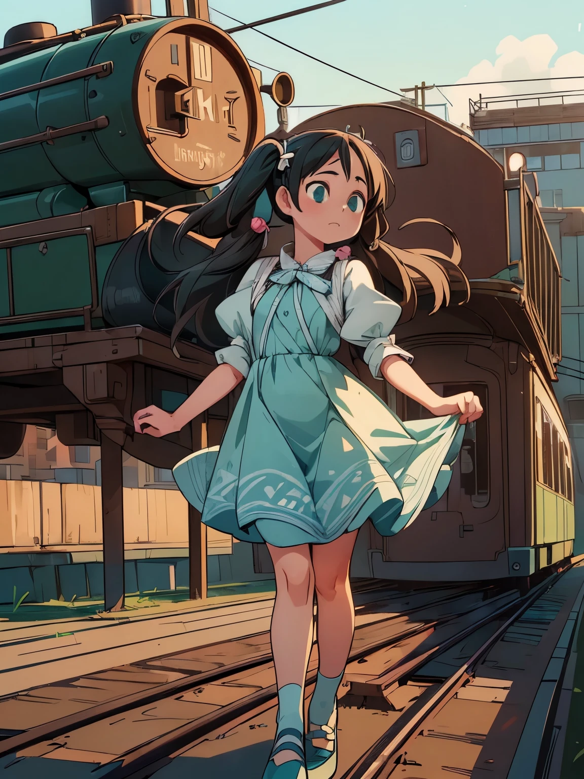 (masterpiece、最high quality、最high quality、Official Art、Beautiful and beautiful:1.2)、(One girl:1.3)Hatsune Miku、Twin tails,Big Breasts,Full body portrait, Beautiful 23 year old woman, Are standing (((Outdoor))) On a 19th century station platform, huge black steam locomotive, locomotive blowing out steam, Behind her is a 1910 railroad building., She has long brunette hair, Green Eyes, Innocent, Carp formula, ((Open your eyes)), (((wearing an art deco dress))), ((trap pump shoes)), Silk stockings, Award-winning, stunning photography,((最high quality)), (((masterpiece)), ((Realistic lighting, Ultra-high resolution.Realistic:.1.4, (high detailed skin:1.2), 8K Ultra HD, Digital SLR, high quality, Film Grain, Fujifilm XT3,(masterpiece) (最high quality) (detailed) (Cinema Lighting) (Sharp focus) (complicated)