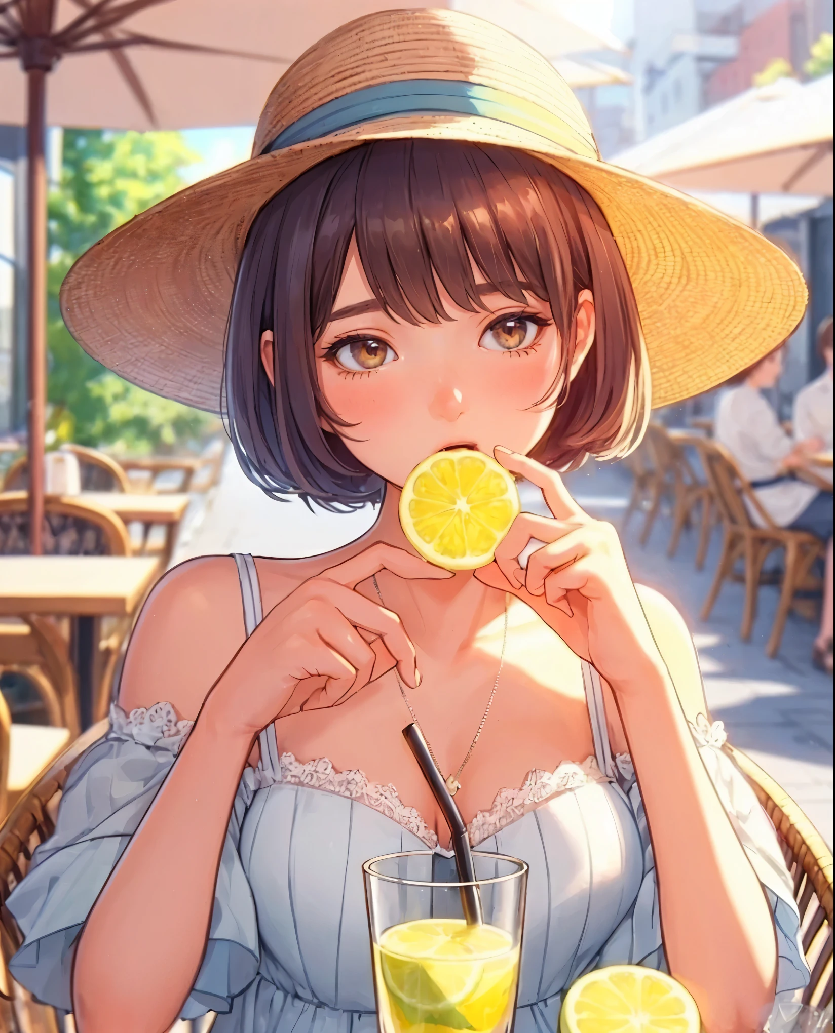 1lady solo, sitting at terrace seat, (holding lemon in one hand), (taking a bite), stylish outfit (refreshing attire), mature female, /(reddish-brown short hair/) bangs, hat, blush, (light smile:0.6), (moist eyes), (open mouth), (masterpiece best quality:1.2) delicate illustration ultra-detailed, large breasts BREAK (fresh lemon:1.1), (half-cut lemon) BREAK (fashionable cafe terrace) outdoors, parasol, sunlight, noon, detailed background