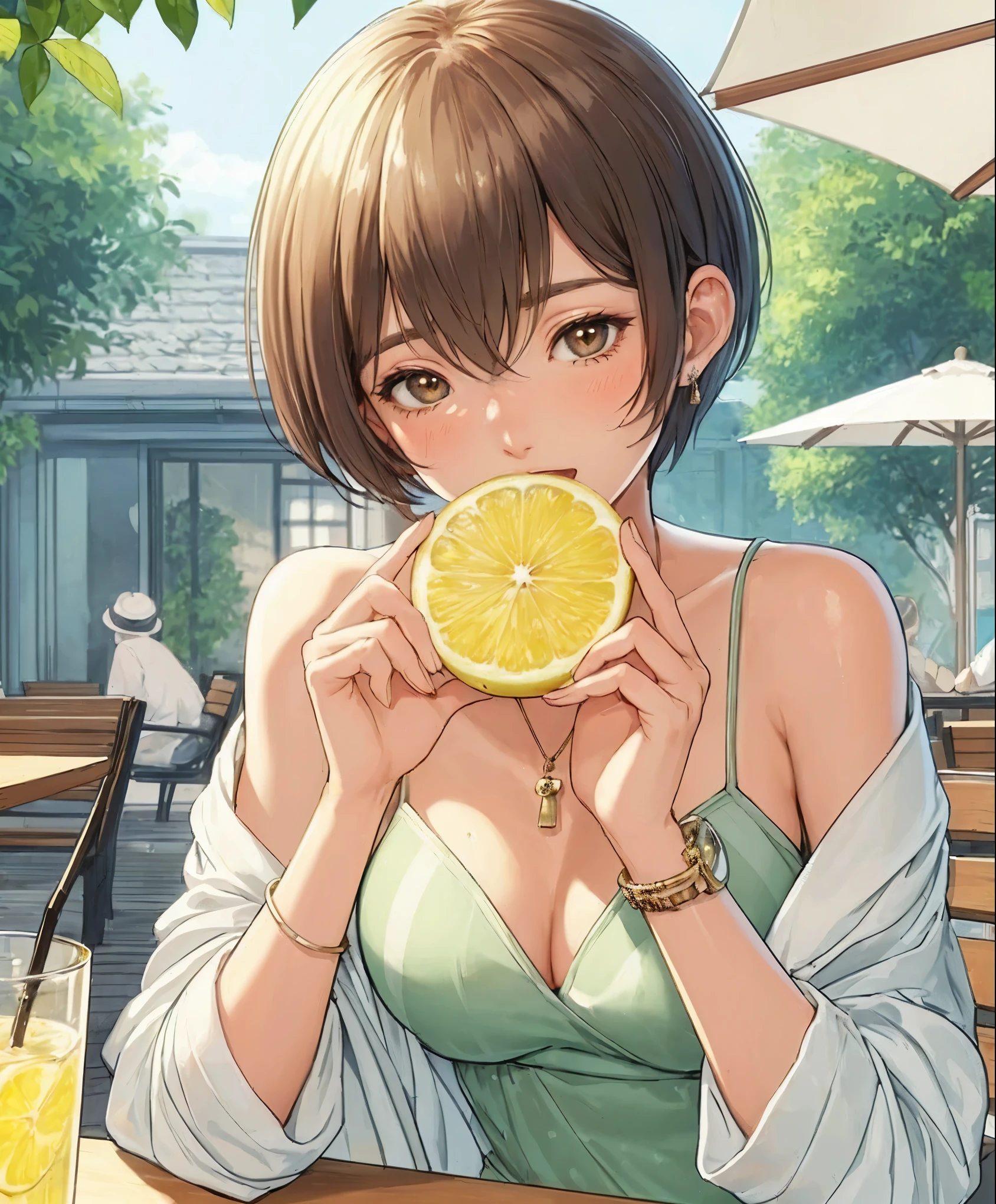 1lady solo, sitting at terrace seat, (holding lemon in one hand), (taking a bite), stylish outfit (refreshing attire), mature female, /(light brown short hair/) bangs, blush, (light smile:0.6), (moist eyes), (open mouth), (masterpiece best quality:1.2) delicate illustration ultra-detailed, large breasts BREAK (fresh lemon:1.1), (half-cut lemon) BREAK (fashionable cafe terrace) outdoors, parasol, sunlight, noon, detailed background