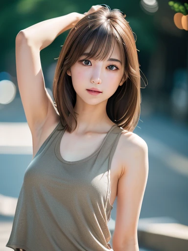 1 Japanese girl,(Tank top:1.4), (RAW Photos, highest quality), (Realistic, Photorealistic:1.4), Tabletop, Very delicate and beautiful, Very detailed, 8k wallpaper, wonderful, In detail, Very detailedなCG Unity, High resolution, Soft Light, Beautiful and detailed 22 year old girl, Very detailedな目と顔, Beautifully detailed nose, Beautiful fine details,Cinema Lighting,Summer night city lights,Perfect Anatomy,Slender body,  (Hair fluttering in the wind, Asymmetrical bangs, Light brown hair,)Spread your arms above your head、Armpits