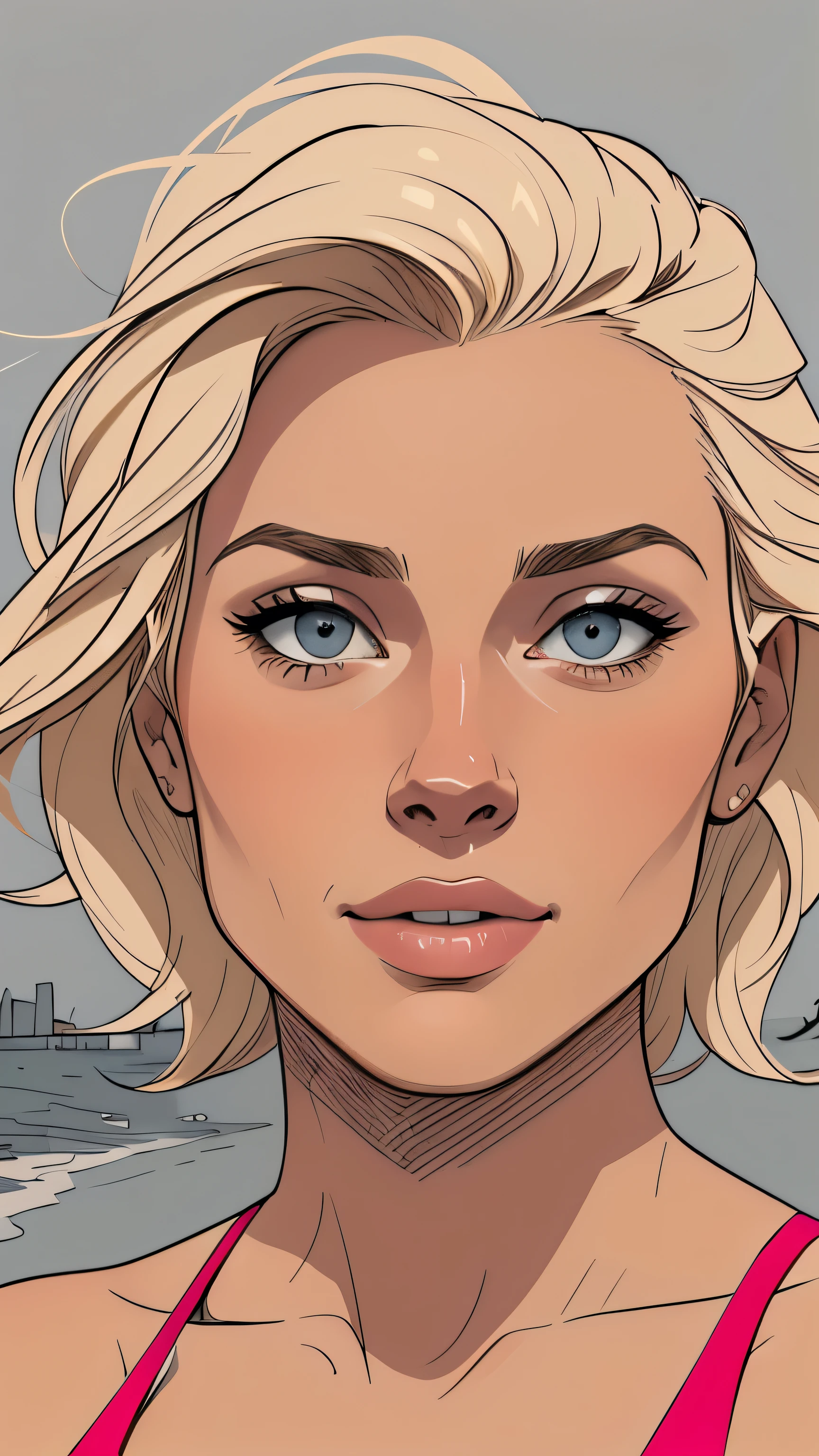 Flat colors, close up, portrait of a 25 year old surfer looking girl, tan skin, beach blonde salty hair, natural beaty, masterpiece, highly detailed,
digital illustration style, design de personagens altamente detalhado, arte digital detalhada fofa, City fan art, ((([grey background])))