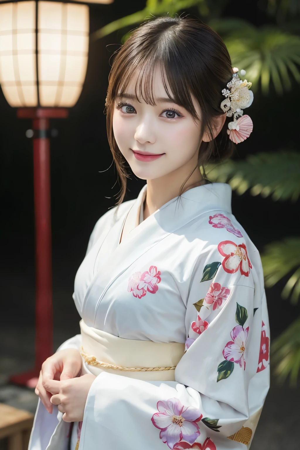 （kimono）、masterpiece、beautiful girl、Beautiful detailed eyes、highest quality, 超A high resolution, (reality: 1.4), Cinema Lighting、(Japanese Girls)、so beautiful、Beautiful Skin、(Looking at the audience)、(Surreal)、(High resolution)、(8k)、(Very detailed)、(Beautiful fine details)、(Very detailed)、 (wallpaper)、Detailed face、Bright lighting、Professional Lighting、Smile