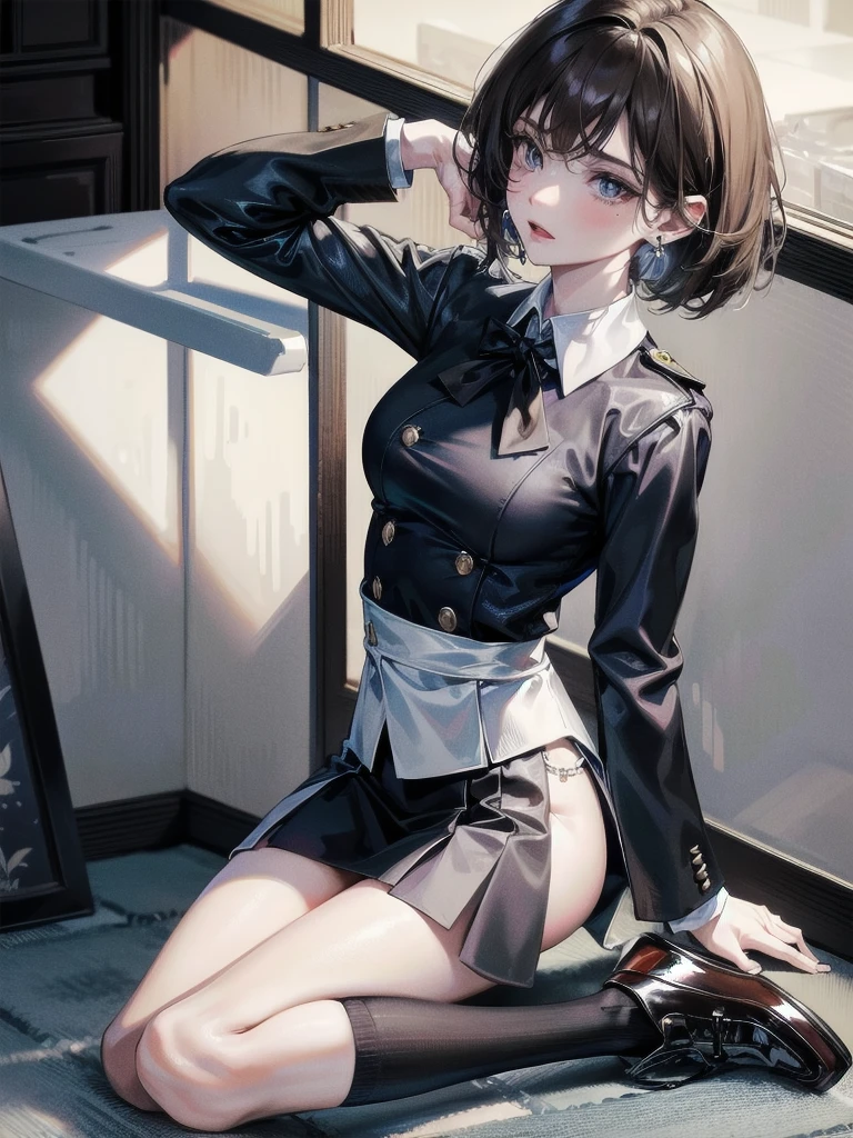 absurdres, RAW photo, extremely delicate and beautiful, masterpiece, Best Quality, ultra high resolution, 32k, hyperrealistic, ultra-detailed, perfect figure, detailed description, pale skin, 20 years old, detailed beautiful face and eyes, tearful mole, earring, short medium hair, wavy hair, full body, navy blue school_uniform, long black socks, brown dress shoes,