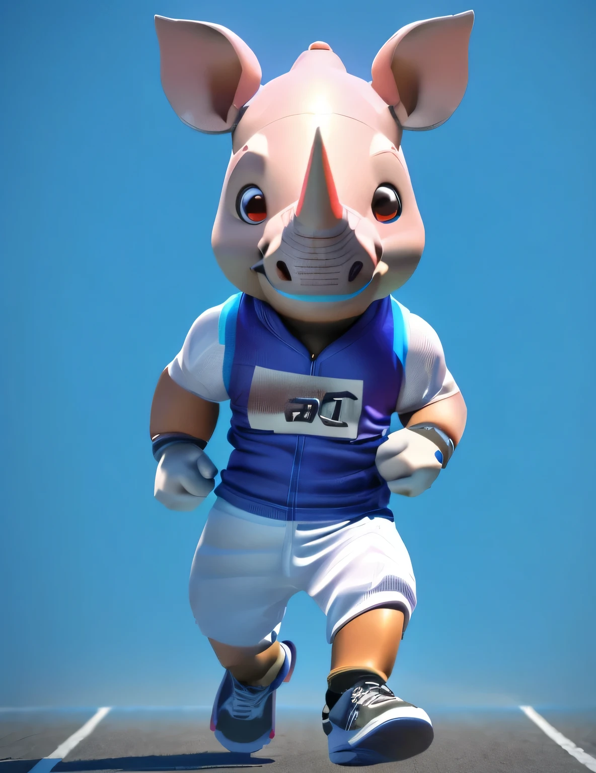 araffe running on a track with a blank sign in his mouth, (((hands in his pockets))) rhino rendered, rhinoceros playing badminton, 3d model of a japanese mascot, cute 3 d render, smooth 3d cg render, rendered in cinema 4 d, rendered in cinema4d, rhinoceros 3d, houdini 3 d render, toonix character, sports mascot, flat blue background