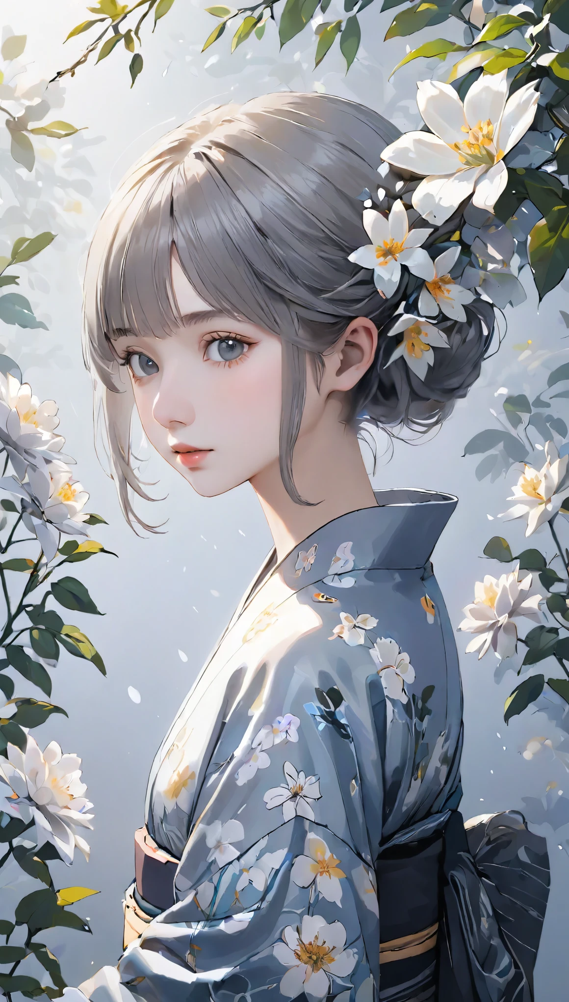 (((gray floral background:1.3)))、highest quality, Tabletop, High resolution, (((One Girl))), 16 years old,(((eyes are gray:1.3)))、Gray kimono、((美しいGray kimono)), Tyndall effect, Realistic, Shadow Studio,Ultramarine Lighting, Dual Tone Lighting, (High resolutionスキン: 1.2)、Pale colored lighting、Dim lighting、 Digital SLR, photograph, High resolution, 4K, 8k, Background Blur,Beautiful fade out、gray flower world