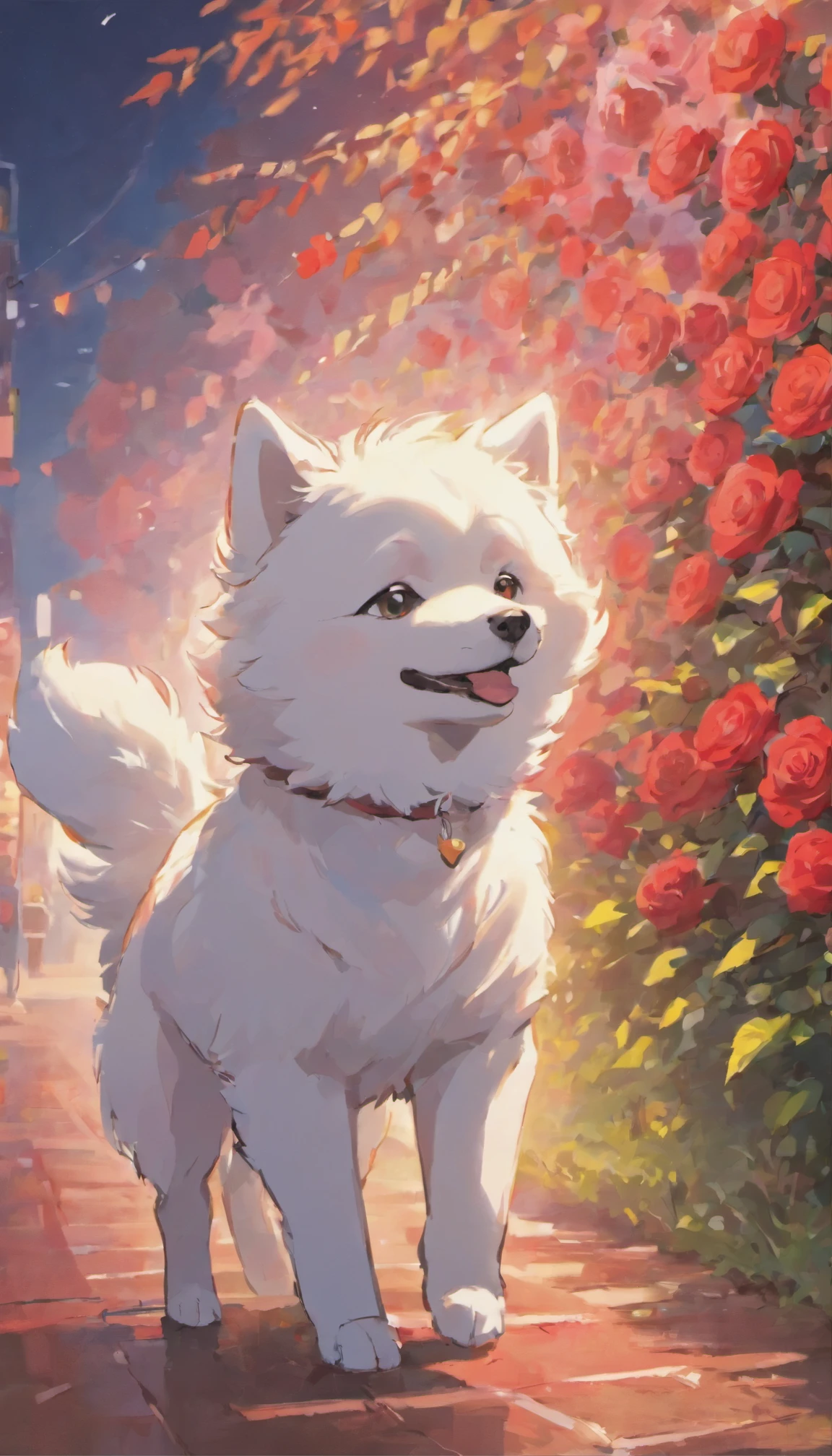 one dog, Samoyed dog, Red Rose, Run around, flower, fun, Red Roseを追いかける,one dog