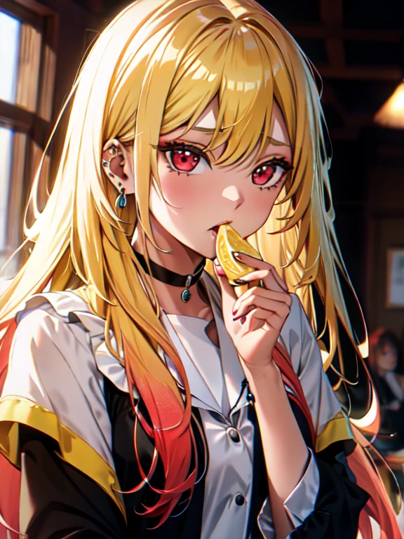 lemon、Biting into a lemon、sour face、kitagawa marin, 1girl, blonde hair, long hair, multicolored hair, red eyes, jewelry, earrings, piercing, black choker, UHD, retina, ccurate, masterpiece, anatomically correct, textured skin, super detail, high details, high quality, best quality, highres, 8k